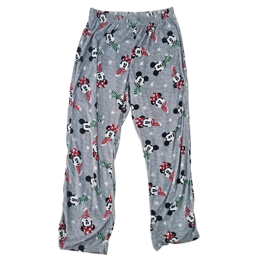 Disney Mickey Minnie Mouse Christmas Holiday‎ Fleece Pajama Pants Gray Medium